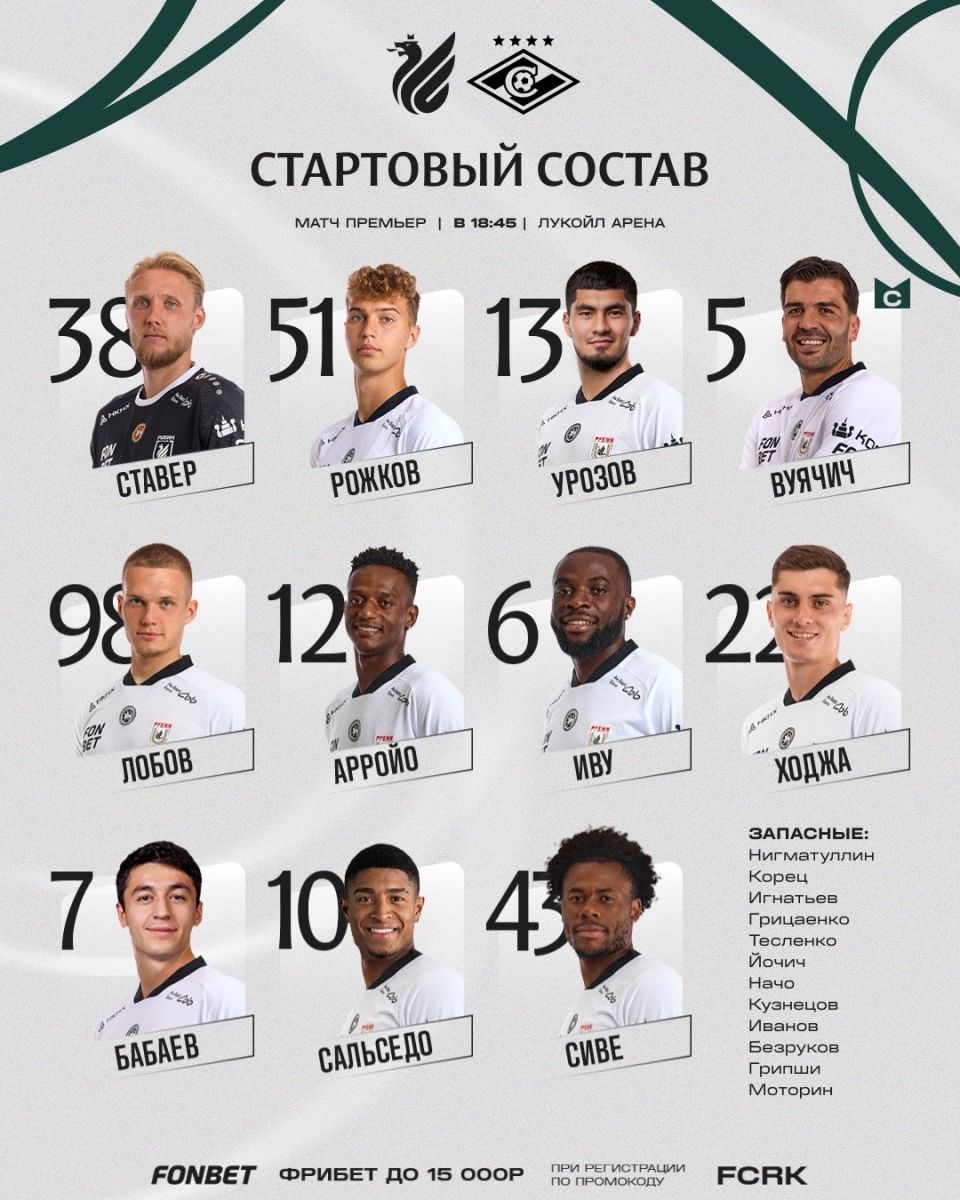 Стартовый состав «Рубина» на матч со «Спартаком»