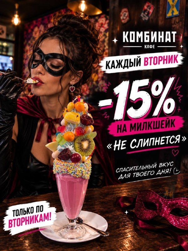 Скидка 15% на милкшейк «Не слипнется» по вторникам в «Комбинате»