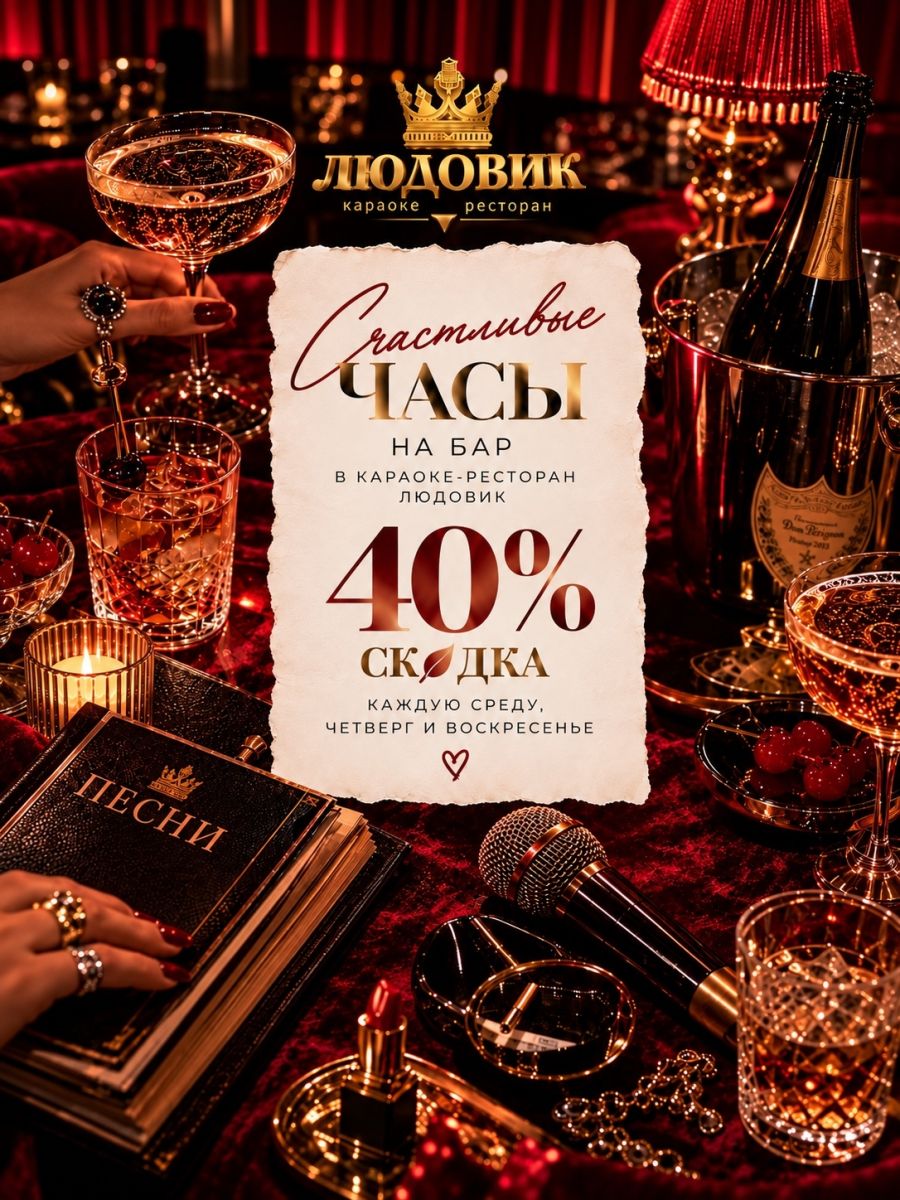 Счастливые часы в Ludovic: среда, четверг и воскресенье, скидка 40% на бар